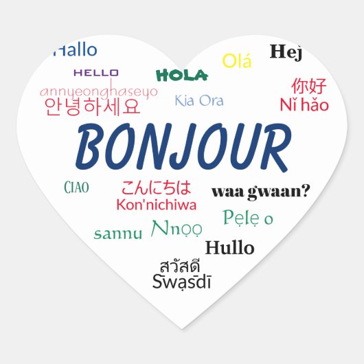 Bonjour Hello Languages World Travel Colorful Herz-Aufkleber (Vorderseite)