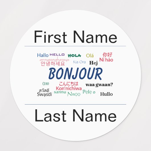 Bonjour Hello Party Name Template World Languages Etiketten (Design 1)