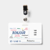 Bonjour Hello World Many Languages Logo Name Ausweis (Vorderseite mit Clip)