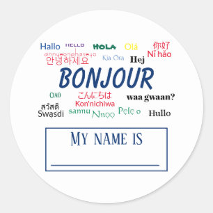 Bonjour Hello World Travel Languages Colorful Name Runder Aufkleber