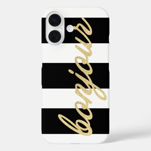 Bonjour in Gold Script Black Strips Französisch Ha Case-Mate iPhone Hülle (Rückseite)
