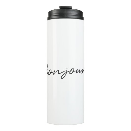 Bonjour! | Modern Script French Hello Trendy Black Thermosbecher (Vorderseite)