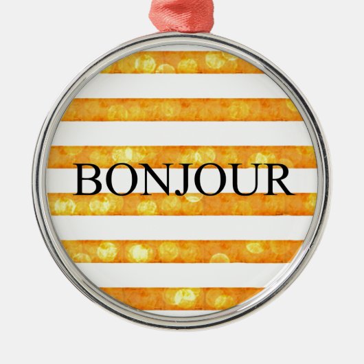 Bonjour Orange Stripe Bokeh Ornament Aus Metall (Vorne)