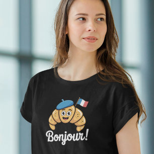 Bonjour Paris Croissant Französische Flagge Damen T-Shirt