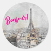 "Bonjour Paris" Eiffelturm Classic Round Sticker (Vorderseite)