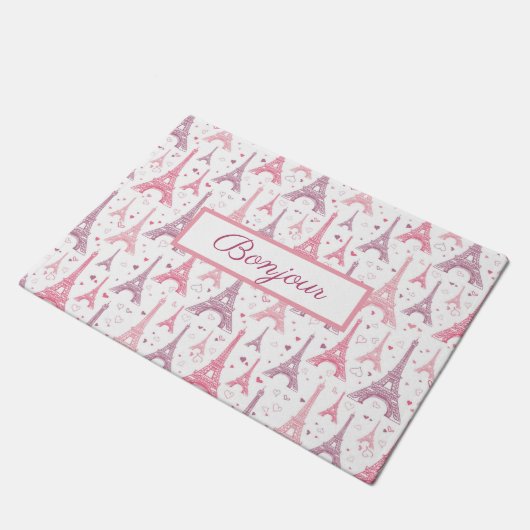 Bonjour Paris Frankreich Eiffelturm Pink Lila Fußmatte (Schrägansicht)