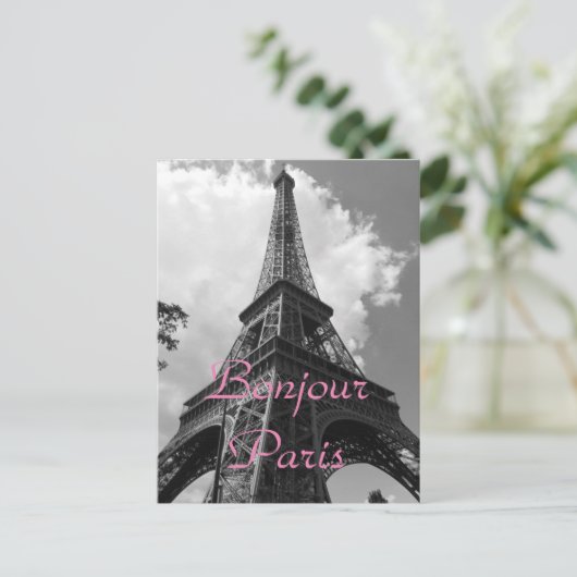 Bonjour Paris Schwarz-weiß Eiffel Tower Frankreich Postkarte (Stehend Vorderseite)
