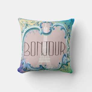 Bonjour Paris Vintage Franzose-Eiffel-Turm-Blues Kissen