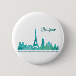Bonjour Paris Watercolor Silhouette Button