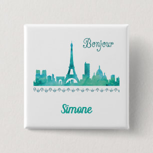 Bonjour Paris Watercolor Silhouette Personalisiert Button