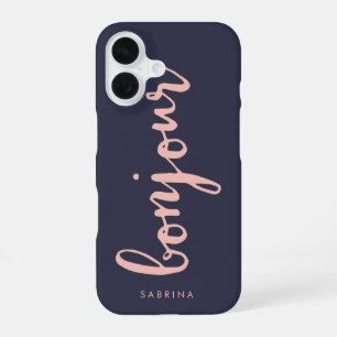 Bonjour Pink & Navy Chic Personalisiert iPhone 16 Hülle