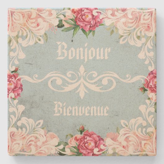 Bonjour Romantische dekorative florale Französisch Steinuntersetzer (Vorderseite)
