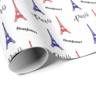 Bonjour Rot Blau Paris Eiffelturm Geschenkpapier