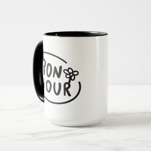 Bonjour Simple Modern Floral French Greeting  Tasse (Vorderseite Links)