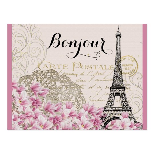 Bonjour Vintage Eiffel Turm Collage Mit Blumen Postkarte Zazzle De