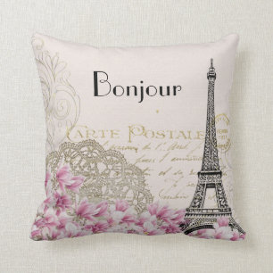 Bonjour Vintage Eiffelturm Collage mit Blumen Kissen