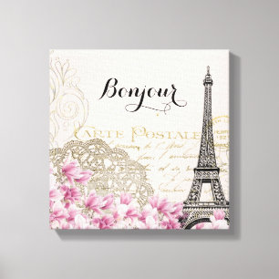 Bonjour Vintage Eiffelturm Collage mit Blumen Leinwanddruck