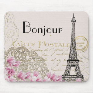 Bonjour Vintage Eiffelturm Collage mit Blumen Mousepad