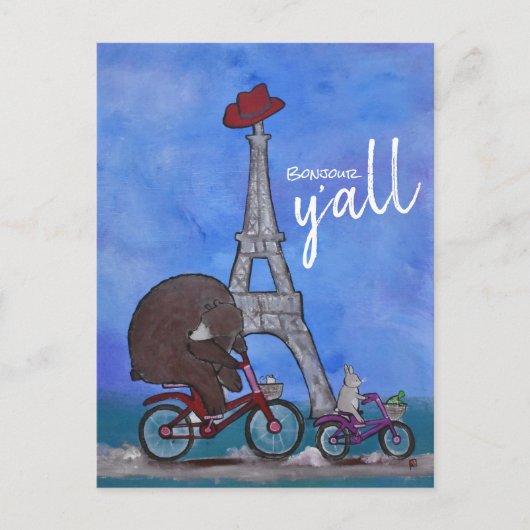 Bonjour Y'all Whimsical Eiffel Tower Paris Texas Postkarte (Vorderseite)