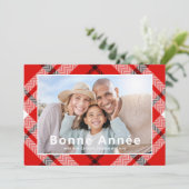Bonne Année Französisch Elegant Rotes Kariertes Fo (Stehend Vorderseite)