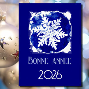 Bonne Annee - Schneeflocke - 2026  blau silber Folien Feiertagspostkarte
