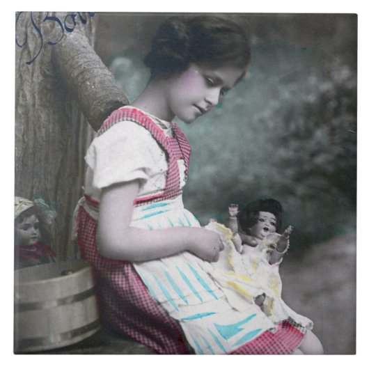 Bonne Année Vintag Girl with Dolll Fliese (Vorderseite)