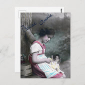 Bonne Année Vintag Girl with Dolll Postkarte (Vorne/Hinten)