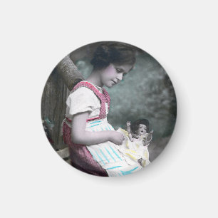 Bonne Année Vintage Mädchen mit Puppe Magnet