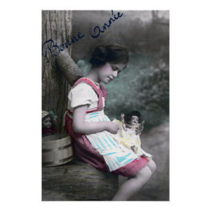 Bonne Année Vintage Mädchen mit Puppe Poster