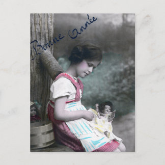 Bonne Année Vintage Mädchen mit Puppe Postkarte