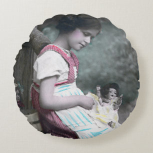 Bonne Année Vintage Mädchen mit Puppe Rundes Kissen