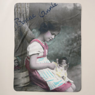 Bonne Année Vintage Mädchen mit Puppe Sherpadecke