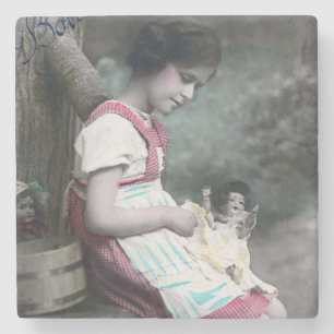 Bonne Année Vintage Mädchen mit Puppe Steinuntersetzer