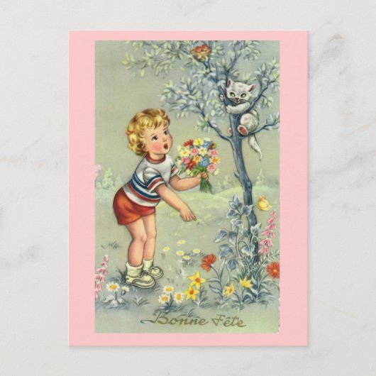 Bonne Fete, französische Karte, Kind mit Blume Postkarte (Vorderseite)