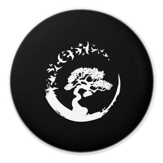 Bonsai Baum japanisch enso Kreis Vögel lange Ärmel Keramikknauf (Vorderseite)