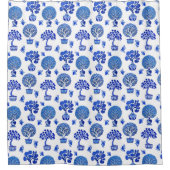 Bonsai Baummuster in Kobalt Blau und Weiß Duschvorhang (Vorderseite)