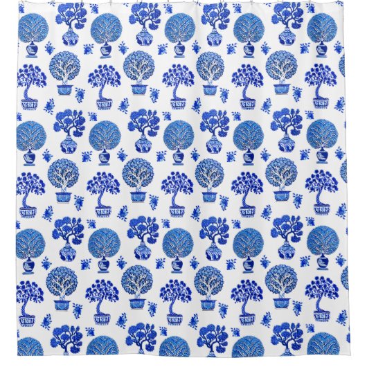 Bonsai Baummuster in Kobalt Blau und Weiß Duschvorhang (Vorderseite)
