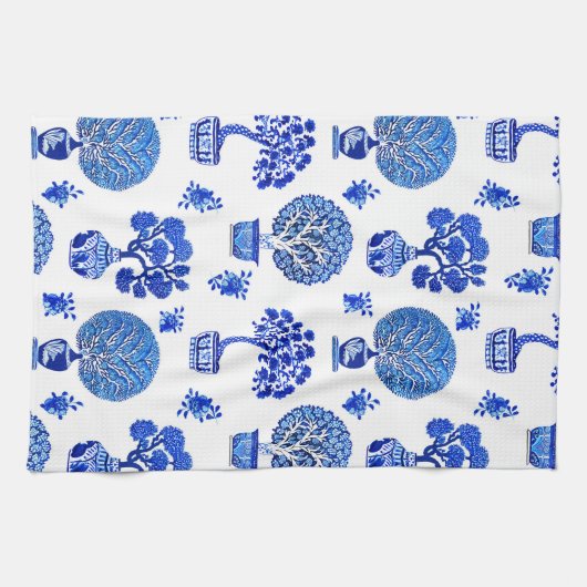 Bonsai Baummuster in Kobalt Blau und Weiß Geschirrtuch (Horizontal)