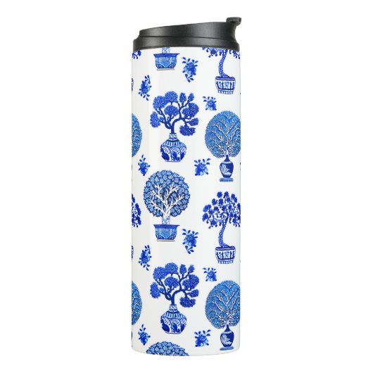 Bonsai Baummuster in Kobalt Blau und Weiß Thermosbecher (Nach links gedreht)