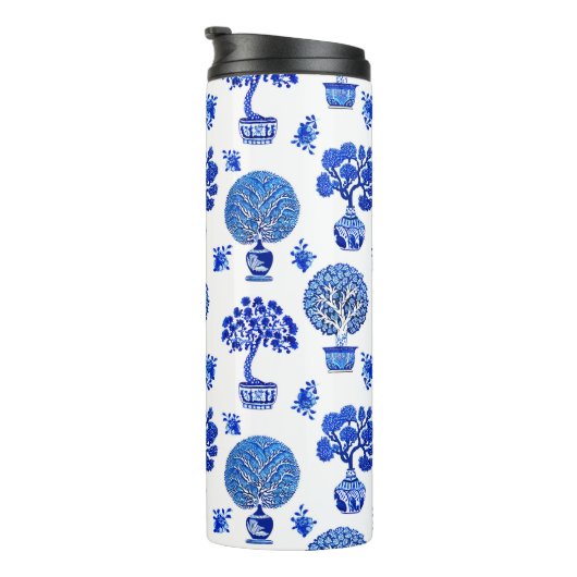 Bonsai Baummuster in Kobalt Blau und Weiß Thermosbecher (Nach rechts gedreht)
