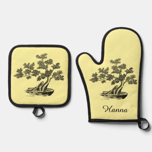 Bonsai - Chinesischer Stil - Schwarzweiß Ofenhandschuh & Topflappen-Set (Vorderseite)