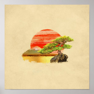 Bonsai Pine Tree - Fuji Sunset in Farbe Poster