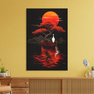 Bonsai Sonnenuntergang in Rot – japanische Zen-Lan Leinwanddruck