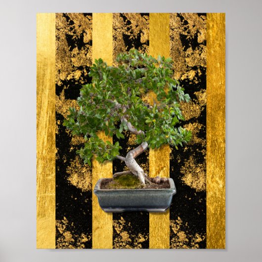 Bonsai Tree Green Gold Schwarze Streifen Poster (Vorne)