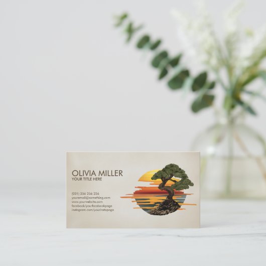 Bonsai Tree Sunset über Meer Visitenkarte (Stehend Vorderseite)