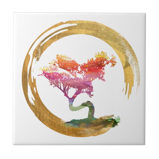 Bonsais-Baum. Zen Enso Kreis. Aquarell-Kunst Fliese (Vorderseite)