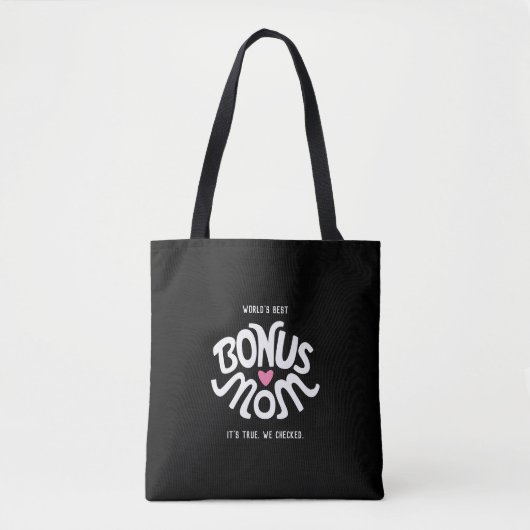 Bonus Mama Weiß & Rosa Design auf Schwarz-Tote-Tas Tasche (Vorderseite)