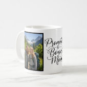 Bonus Mom Promoted Elegant Cursive Two Photo Kaffeetasse (Vorderseite Links)