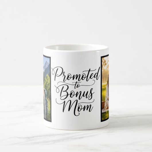 Bonus Mom Promoted Elegant Cursive Two Photo Kaffeetasse (Mittel)