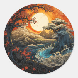 Bonzai Tree Wave Yin Yang Martial Arts Runder Aufkleber